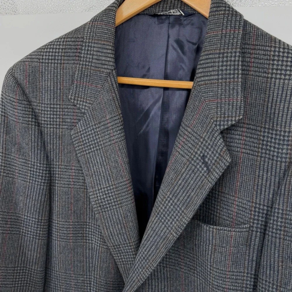 Burberrys Vintage Mens Grey Glen Plaid Camel Hair Blazer Sport Coat Overcheck